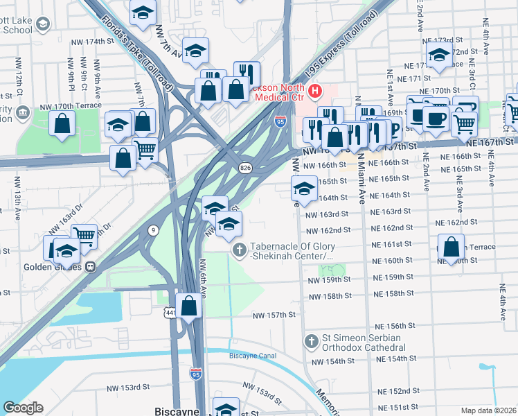 map of restaurants, bars, coffee shops, grocery stores, and more near 444 Northwest 165th Street in Miami