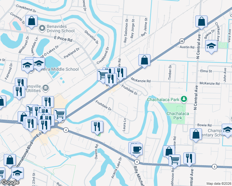 map of restaurants, bars, coffee shops, grocery stores, and more near 5140 Wilson Drive in Brownsville