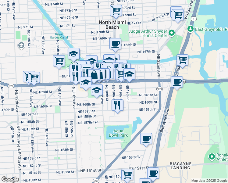 map of restaurants, bars, coffee shops, grocery stores, and more near 16141 Northeast 18th Court in North Miami Beach