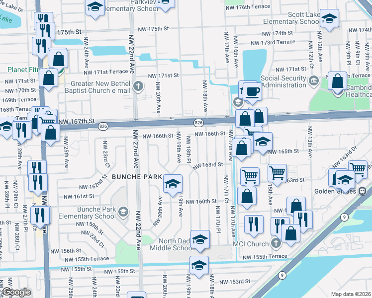 map of restaurants, bars, coffee shops, grocery stores, and more near 16421 Northwest 18th Place in Opa-locka