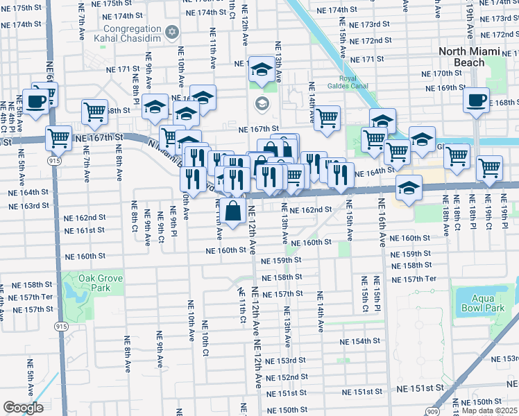 map of restaurants, bars, coffee shops, grocery stores, and more near 1250 Northeast 162nd Street in North Miami Beach