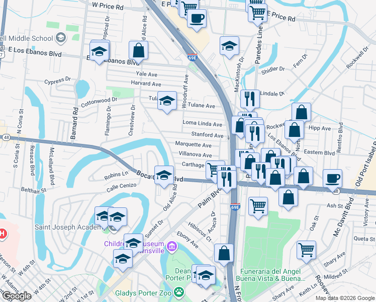 map of restaurants, bars, coffee shops, grocery stores, and more near 1743 Villanova Avenue in Brownsville