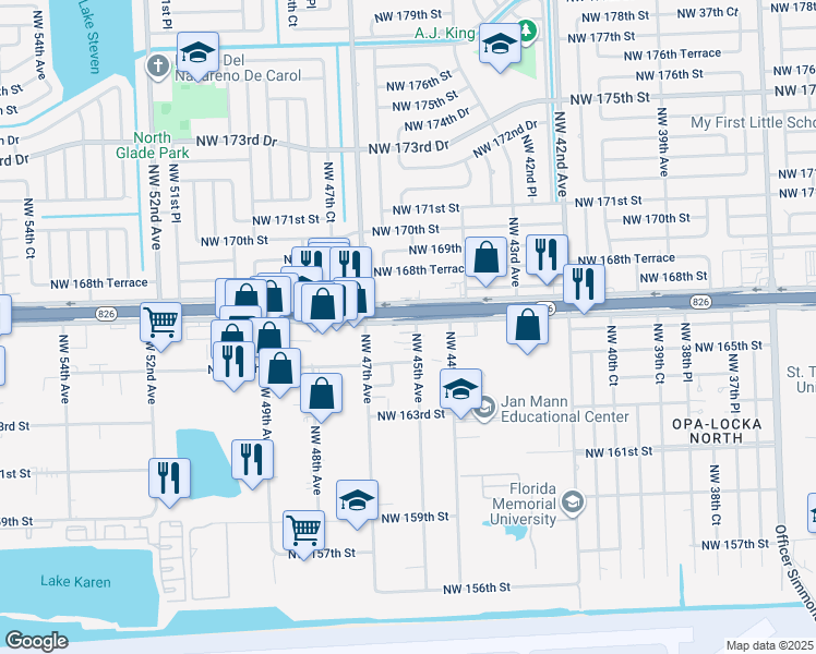 map of restaurants, bars, coffee shops, grocery stores, and more near 4600 Northwest 167th Street in Miami Gardens