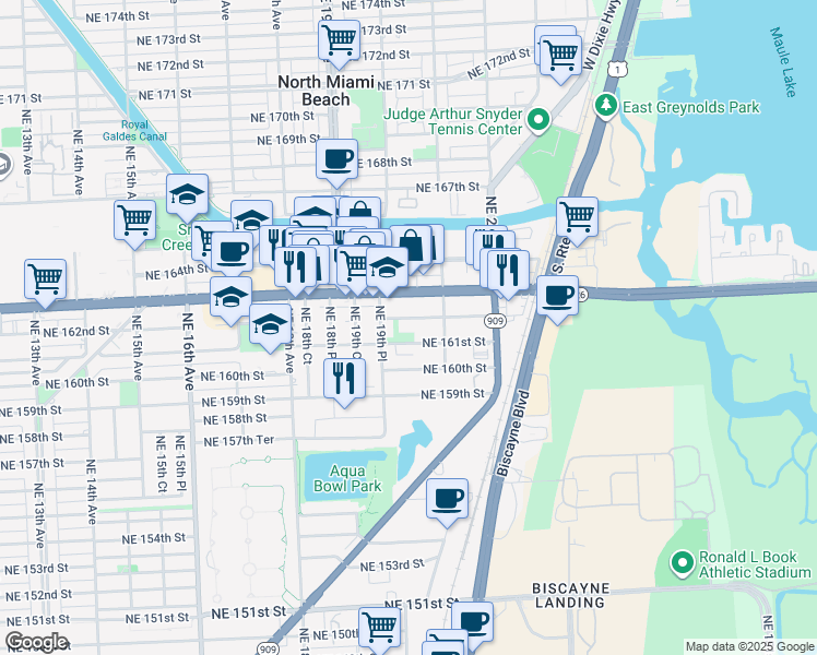 map of restaurants, bars, coffee shops, grocery stores, and more near 2030 Northeast 162nd Street in North Miami Beach