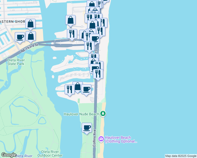 map of restaurants, bars, coffee shops, grocery stores, and more near 16001 Collins Avenue in North Miami Beach