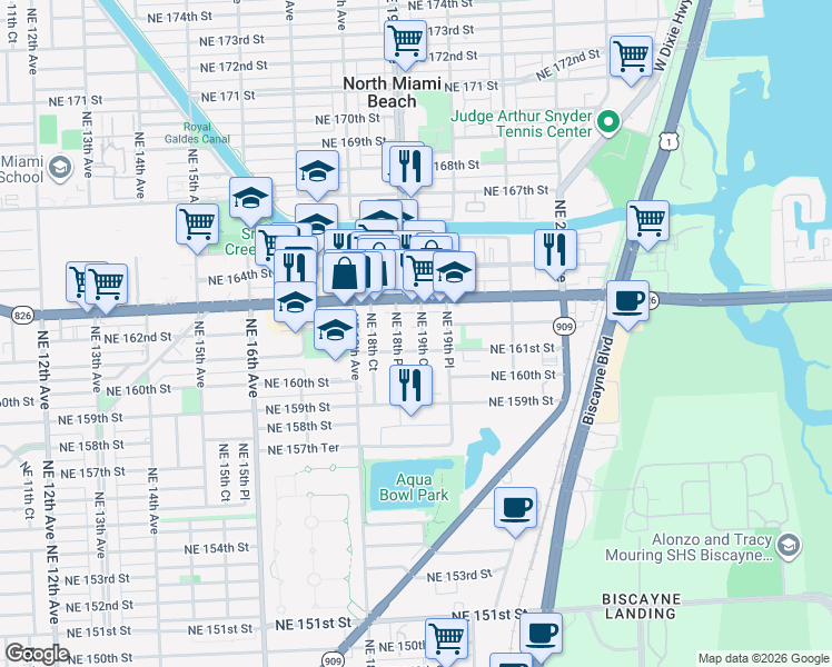 map of restaurants, bars, coffee shops, grocery stores, and more near 16120 Northeast 19th Court in North Miami Beach