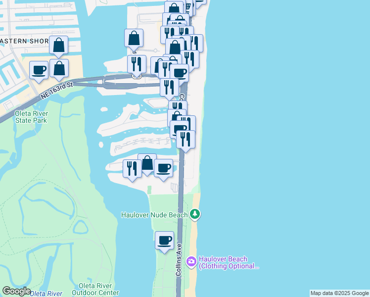 map of restaurants, bars, coffee shops, grocery stores, and more near 16028-16042 Collins Avenue in Sunny Isles Beach