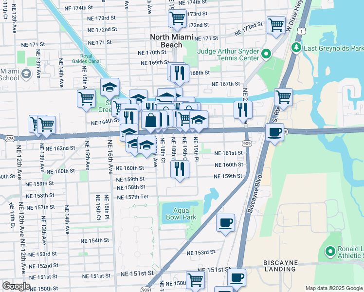 map of restaurants, bars, coffee shops, grocery stores, and more near 16120 Northeast 19th Court in North Miami Beach