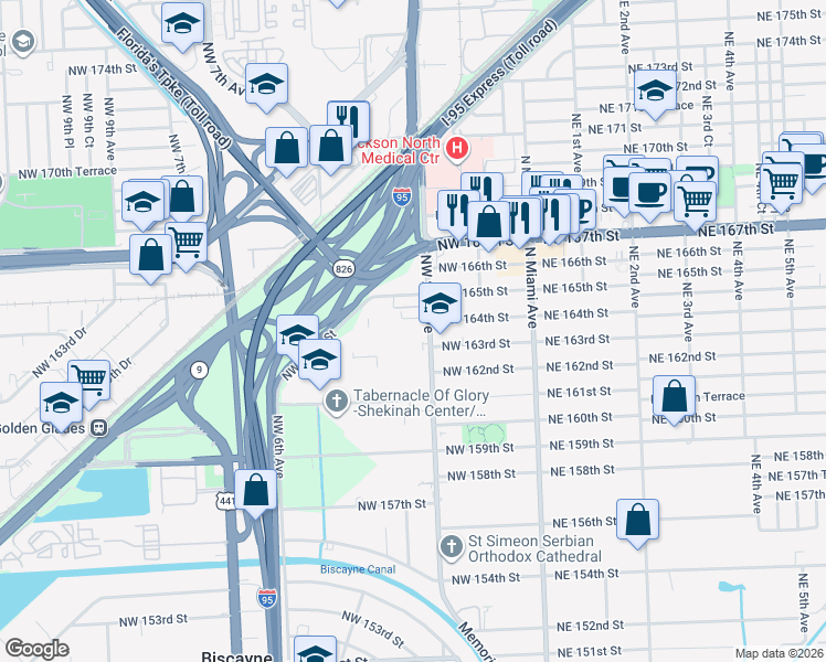 map of restaurants, bars, coffee shops, grocery stores, and more near 16320 Northwest 2nd Avenue in Miami