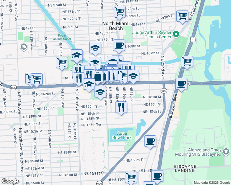 map of restaurants, bars, coffee shops, grocery stores, and more near 16141 Northeast 18th Court in North Miami Beach