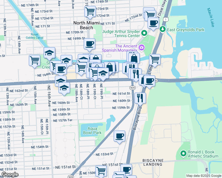map of restaurants, bars, coffee shops, grocery stores, and more near 2067 Northeast 161st Street in North Miami Beach