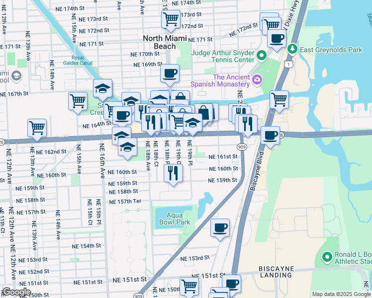 map of restaurants, bars, coffee shops, grocery stores, and more near 16121 Northeast 19th Place in North Miami Beach