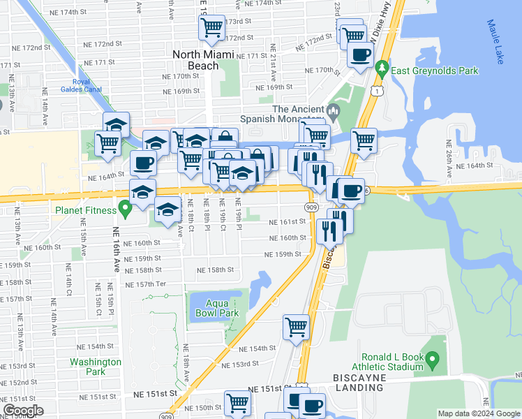 map of restaurants, bars, coffee shops, grocery stores, and more near 2067 Northeast 161st Street in North Miami Beach