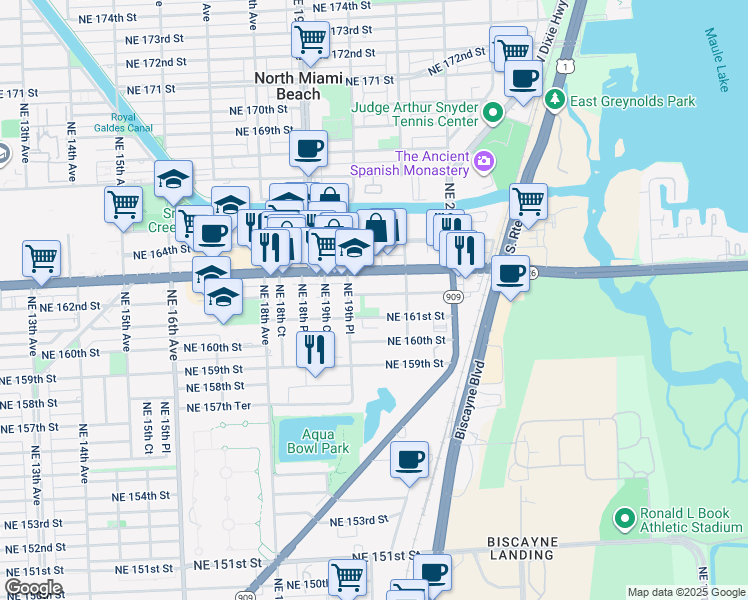 map of restaurants, bars, coffee shops, grocery stores, and more near 16121 Northeast 19th Place in North Miami Beach