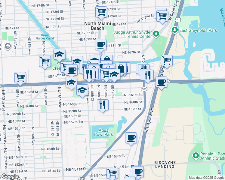 map of restaurants, bars, coffee shops, grocery stores, and more near 16121 Northeast 19th Place in North Miami Beach