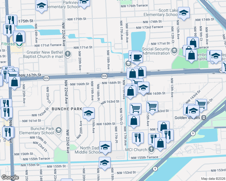 map of restaurants, bars, coffee shops, grocery stores, and more near 16401 Northwest 18th Avenue in Opa-locka