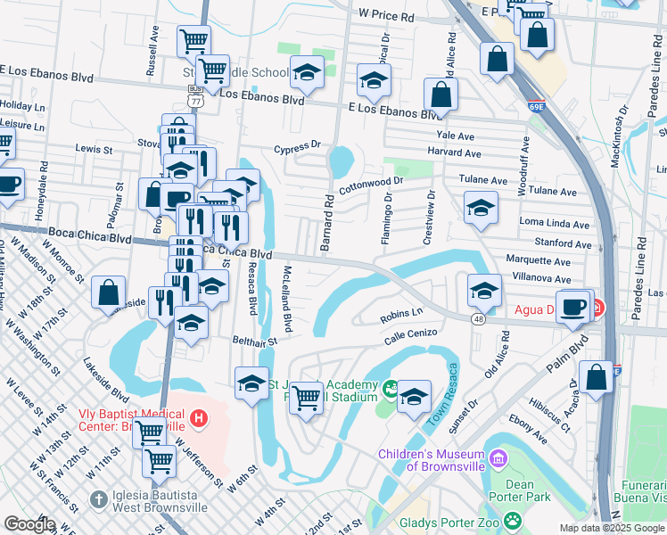 map of restaurants, bars, coffee shops, grocery stores, and more near 1188 Boca Chica Boulevard in Brownsville