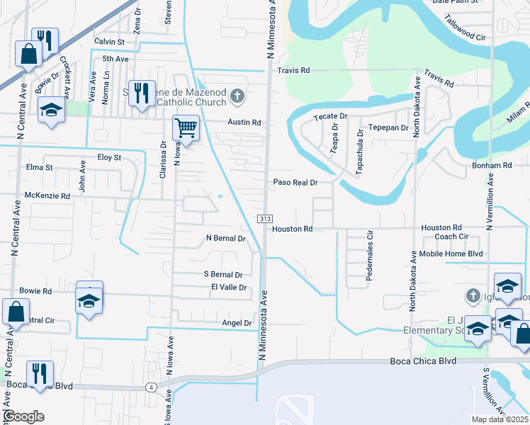 map of restaurants, bars, coffee shops, grocery stores, and more near 824 North Minnesota Avenue in Brownsville