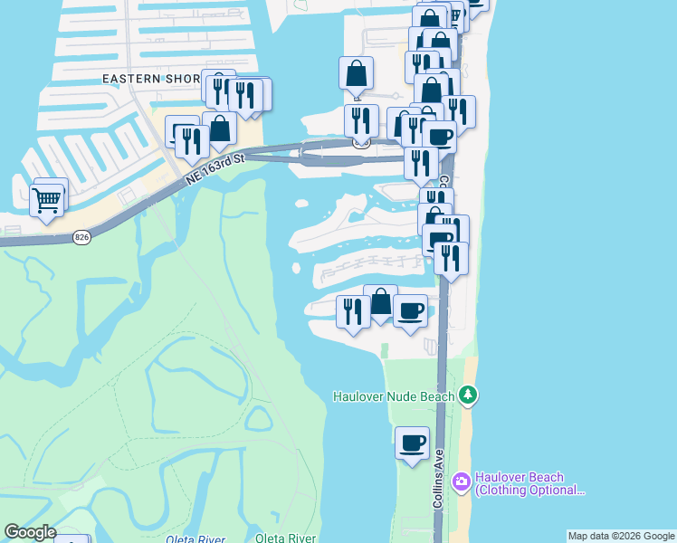 map of restaurants, bars, coffee shops, grocery stores, and more near 404 Poinciana Island Drive in Sunny Isles Beach