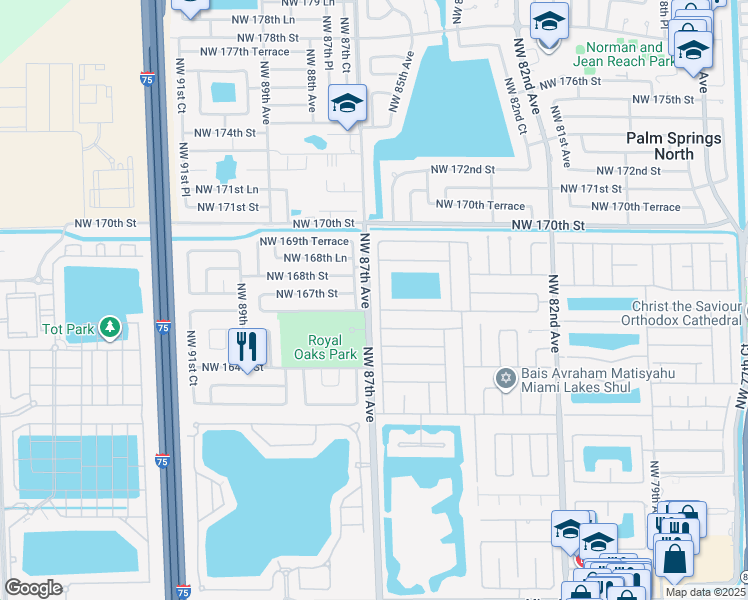 map of restaurants, bars, coffee shops, grocery stores, and more near 16547 Northwest 87th Avenue in Miami Lakes