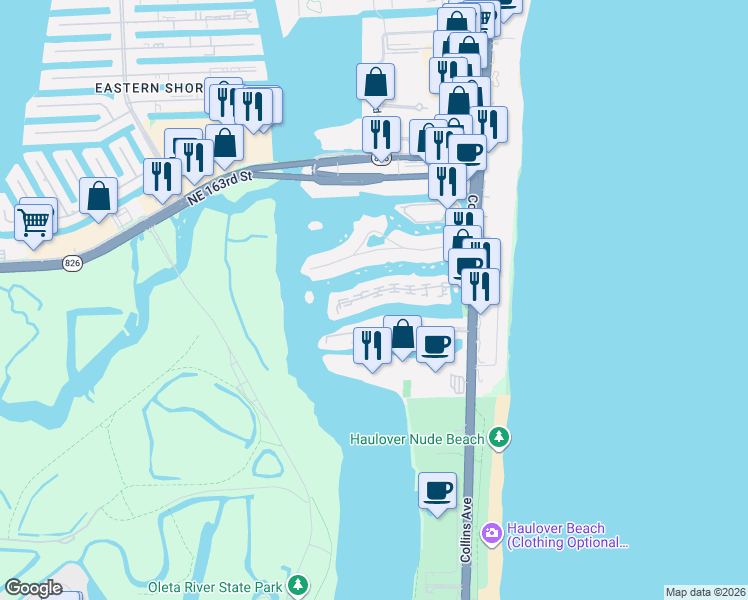 map of restaurants, bars, coffee shops, grocery stores, and more near 404 Poinciana Island Drive in Sunny Isles Beach