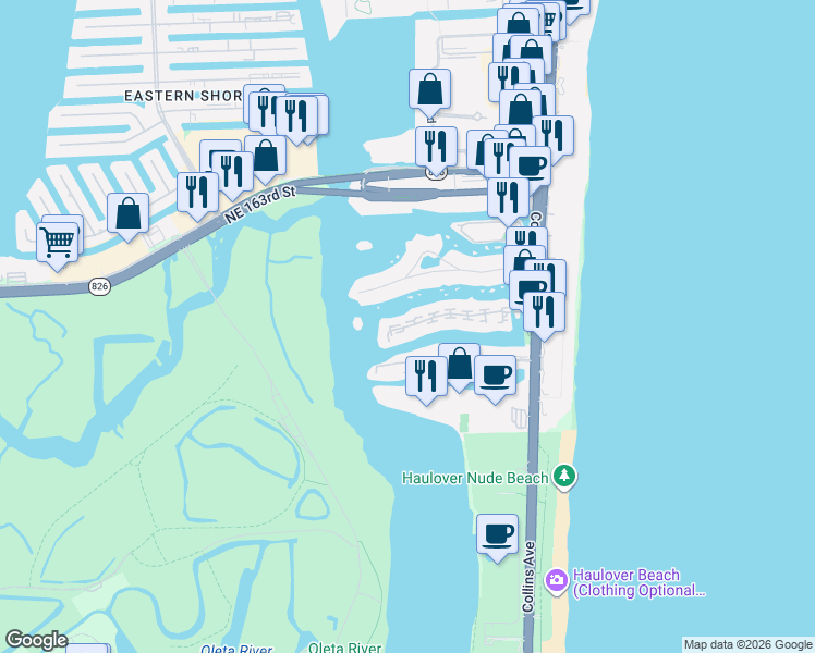 map of restaurants, bars, coffee shops, grocery stores, and more near 404 Poinciana Island Drive in Sunny Isles Beach