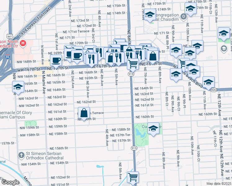 map of restaurants, bars, coffee shops, grocery stores, and more near 502 Northeast 163rd Street in North Miami Beach