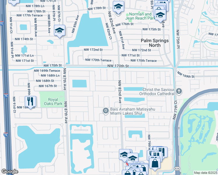 map of restaurants, bars, coffee shops, grocery stores, and more near 8310 Northwest 166th Terrace in Hialeah