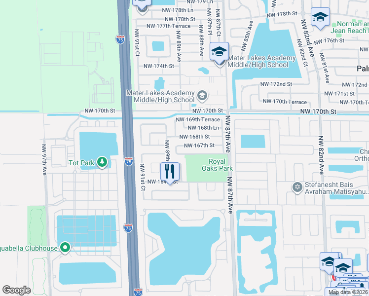 map of restaurants, bars, coffee shops, grocery stores, and more near 8930 Northwest 166th Terrace in Hialeah