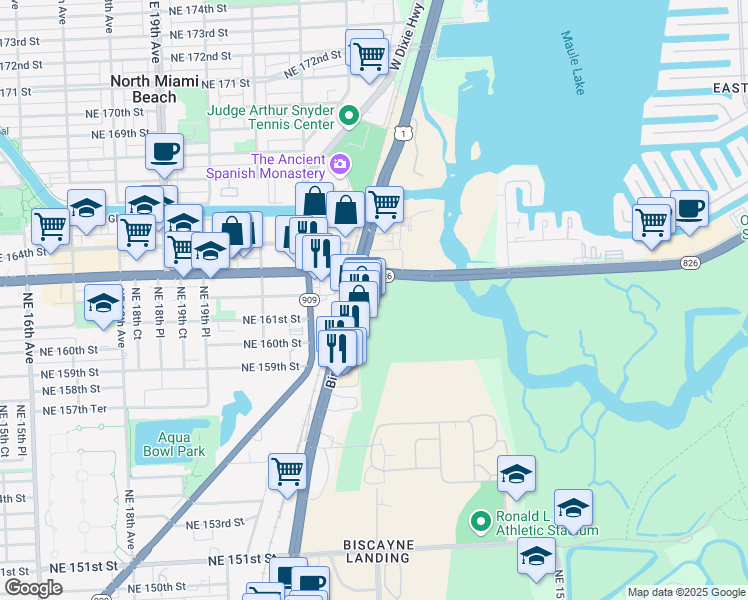map of restaurants, bars, coffee shops, grocery stores, and more near 16249 Biscayne Boulevard in North Miami Beach