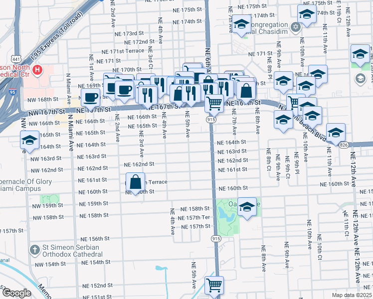 map of restaurants, bars, coffee shops, grocery stores, and more near 502 Northeast 163rd Street in North Miami Beach