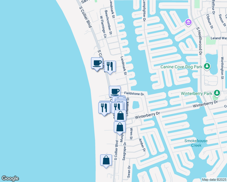 map of restaurants, bars, coffee shops, grocery stores, and more near 411 South Collier Boulevard in Marco Island