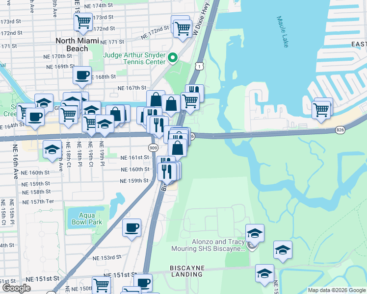 map of restaurants, bars, coffee shops, grocery stores, and more near 16295 Biscayne Blvd in Aventura