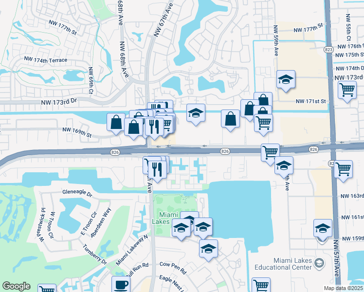 map of restaurants, bars, coffee shops, grocery stores, and more near 6500 Northwest 167th Street in Hialeah