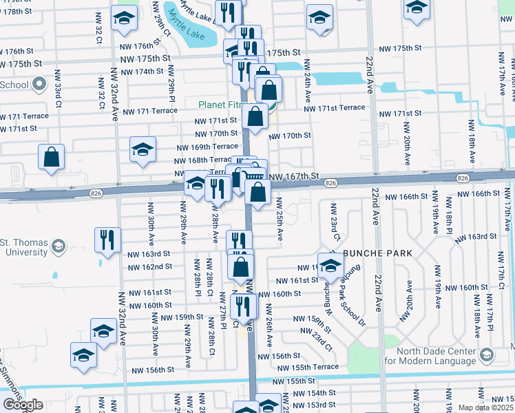 map of restaurants, bars, coffee shops, grocery stores, and more near 16505 Northwest 27th Avenue in Opa-locka