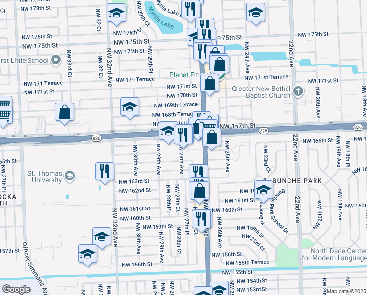 map of restaurants, bars, coffee shops, grocery stores, and more near 2815 Northwest 164th Terrace in Opa-locka
