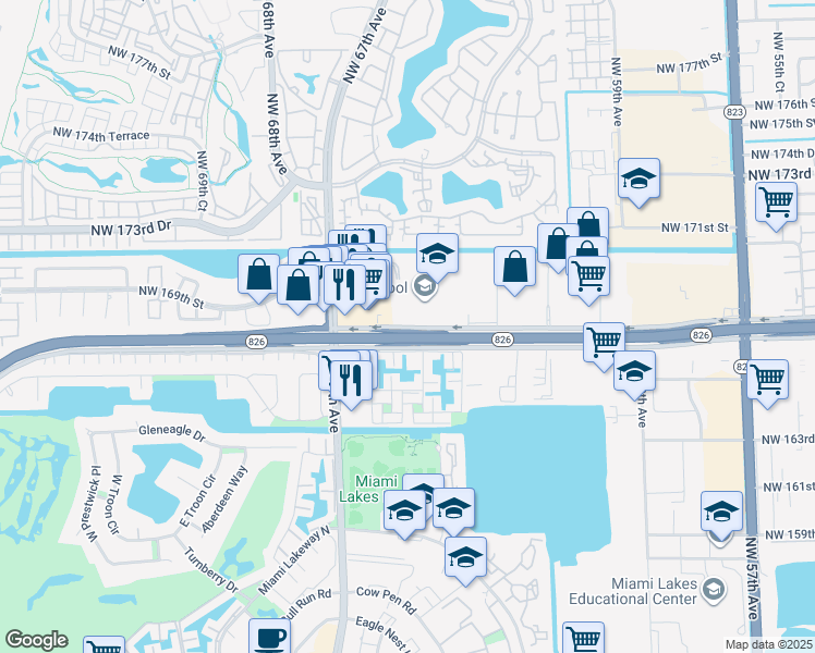map of restaurants, bars, coffee shops, grocery stores, and more near 6420 Milk Wagon Lane in Miami Lakes