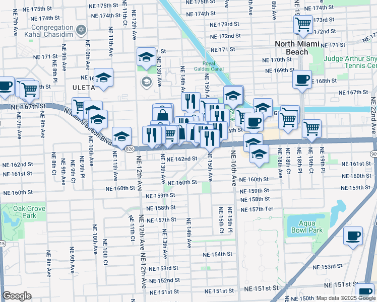 map of restaurants, bars, coffee shops, grocery stores, and more near 1402 Northeast 163rd Street in North Miami Beach