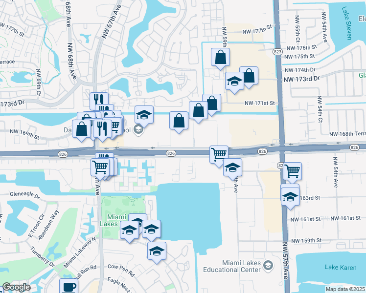 map of restaurants, bars, coffee shops, grocery stores, and more near 6187 Northwest 167th Street in Hialeah