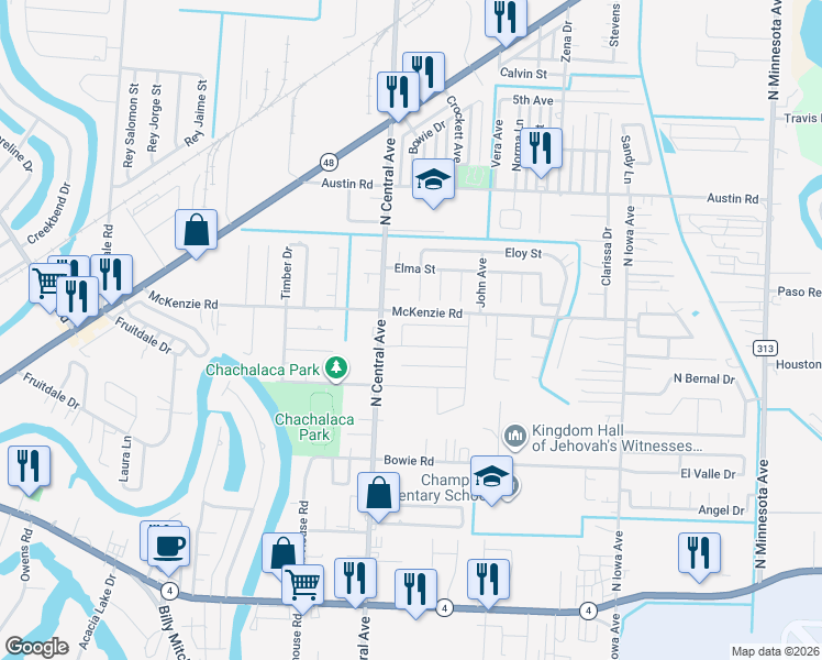 map of restaurants, bars, coffee shops, grocery stores, and more near 4615 McKenzie Road in Brownsville