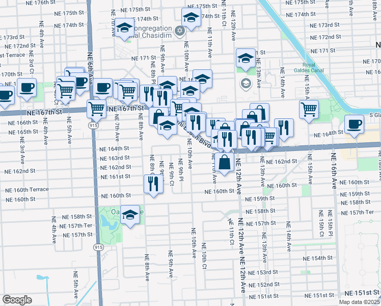 map of restaurants, bars, coffee shops, grocery stores, and more near NE 163rd St & NE 10th Ave in North Miami Beach
