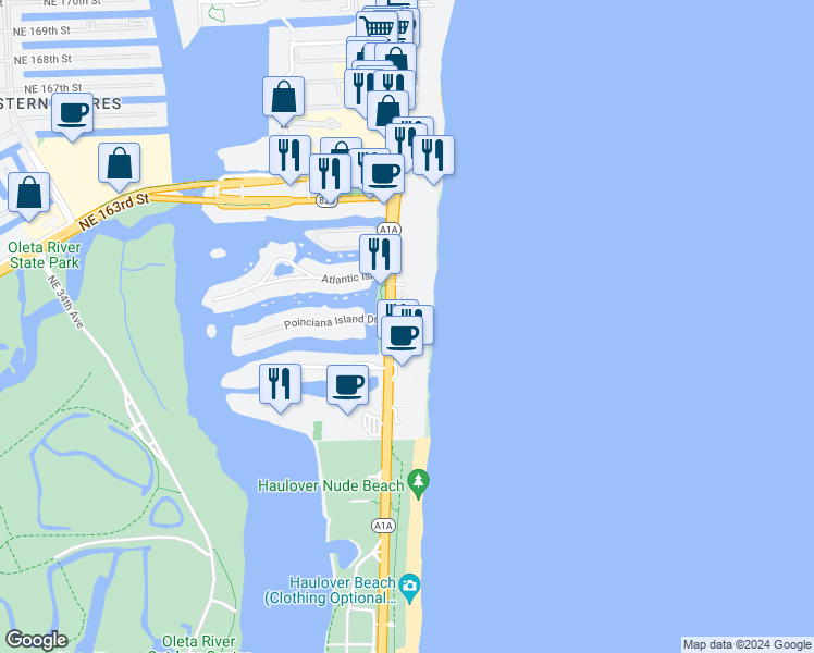 map of restaurants, bars, coffee shops, grocery stores, and more near 16047 Collins Avenue in Sunny Isles Beach