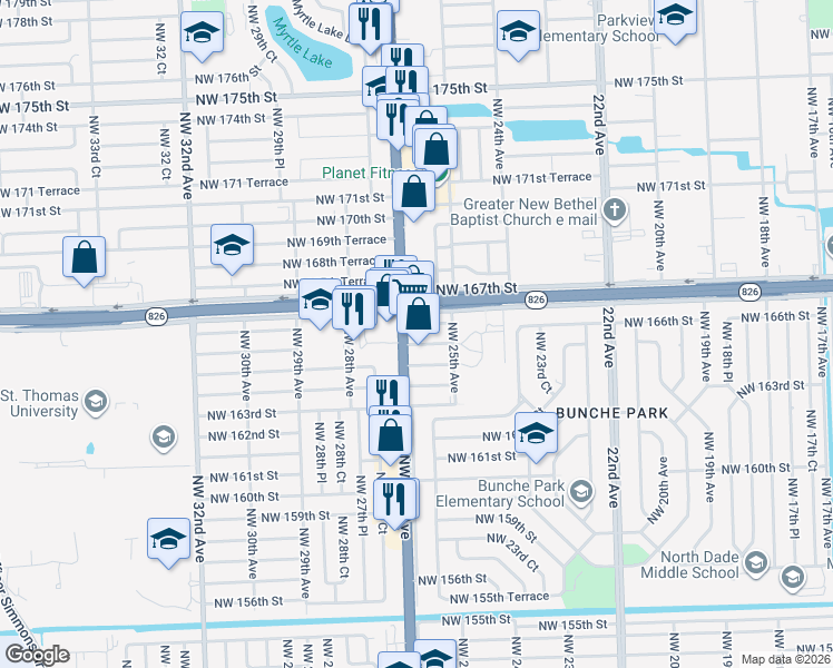 map of restaurants, bars, coffee shops, grocery stores, and more near in Miami Gardens