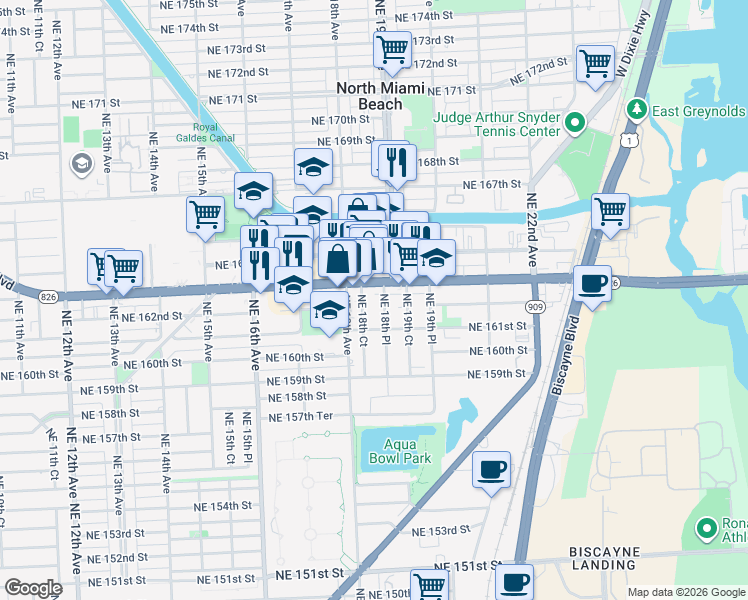 map of restaurants, bars, coffee shops, grocery stores, and more near in North Miami Beach