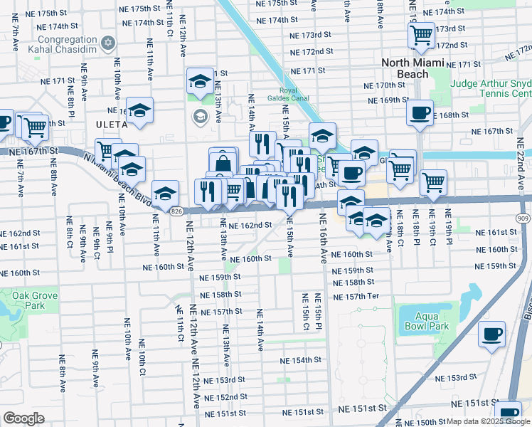 map of restaurants, bars, coffee shops, grocery stores, and more near 1402 Northeast 163rd Street in North Miami Beach