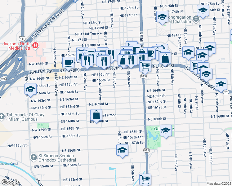 map of restaurants, bars, coffee shops, grocery stores, and more near 430 Northeast 164th Terrace in Miami