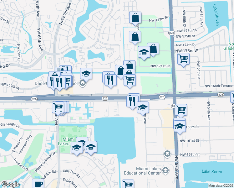 map of restaurants, bars, coffee shops, grocery stores, and more near 6157 Northwest 167th Street in Hialeah