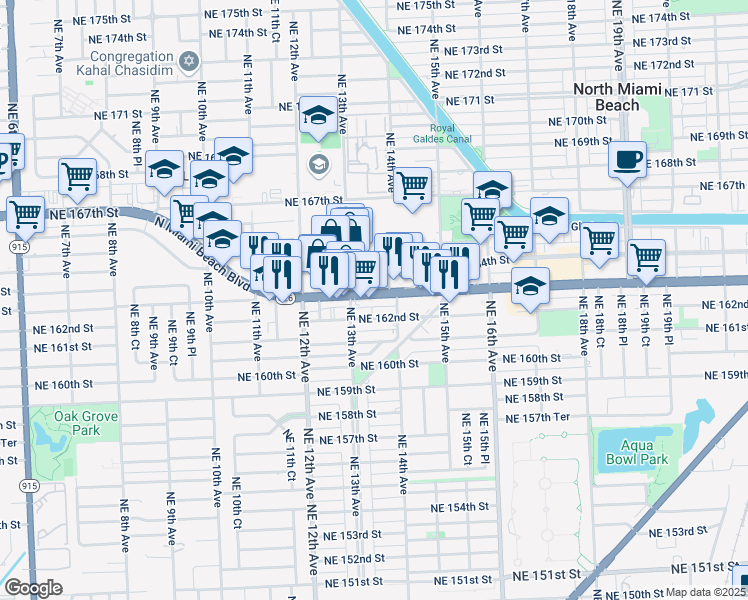 map of restaurants, bars, coffee shops, grocery stores, and more near 1354 Northeast 163rd Street in North Miami Beach
