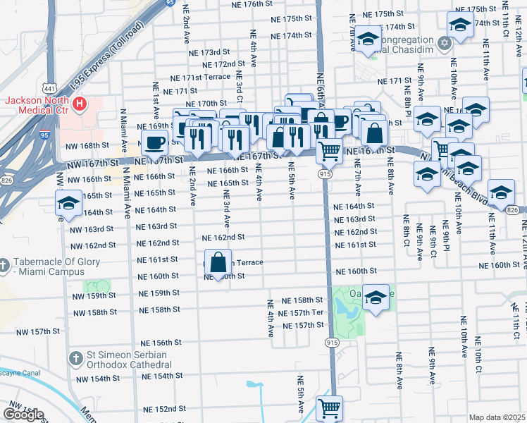 map of restaurants, bars, coffee shops, grocery stores, and more near 430 Northeast 164th Terrace in Miami