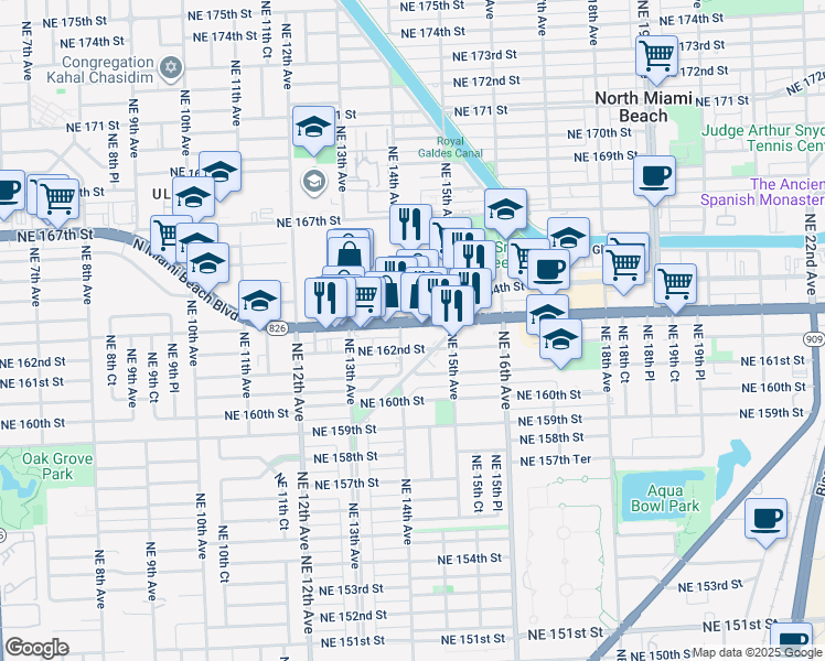 map of restaurants, bars, coffee shops, grocery stores, and more near 1402 Northeast 163rd Street in North Miami Beach
